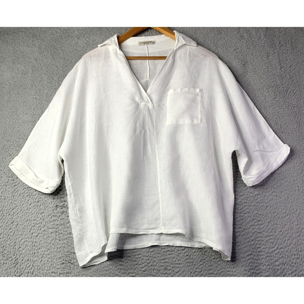 Francesca Bettini Top Womens Size Medium White 100% Linen Boxy Lagenlook Italy
